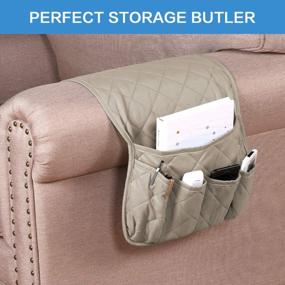 img 3 attached to 2 Pack Non-Slip Sofa Armrest Organizer With 5 Pockets For Phone, Book, Magazines, TV Remote - 13" X 35" (Khaki/Beige)