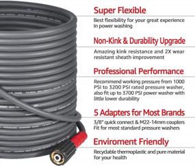 img 3 attached to Flexible Power Washer Hose - Heavy Duty 50 FT X 1/4", 3200 PSI, Kink Resistant, M22-14Mm X 3/8" Quick Connect, Perfect Replacement Hose For Your Pressure Washer