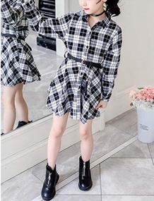img 3 attached to Girls Plaid Long Sleeve Lapel Button Down Belted Swing Shirt Dress - Plus Size
