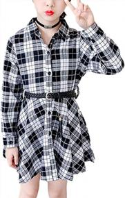 img 4 attached to Girls Plaid Long Sleeve Lapel Button Down Belted Swing Shirt Dress - Plus Size