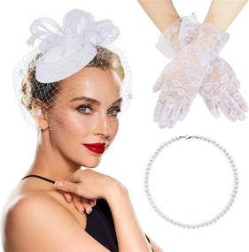 img 4 attached to Feather Veil Mesh Hat, Fascinators Hat With Lace Gloves Pearl Necklace For Women Tea Party Headband Kentucky Derby Wedding