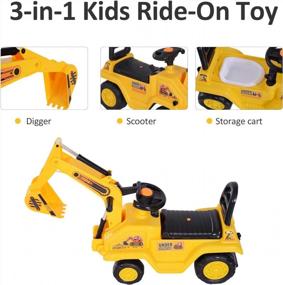 img 1 attached to HOMCOM Ride On Excavator Pull Cart, Kids Digger Ride On Truck With Horn, Under Seat Storage, Sit And Scoot Pretend Play Toy Construction Car For Ages 3 Years Old