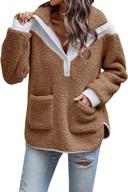 angashion women's long sleeve 1/4 zip lapel fleece plaid fluffy hoodie pullover sweatshirt logo