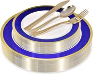 🍽️ premium 125 piece plastic dinner set - blue and gold plates, salad plates, and cutlery - perfect for parties, holidays, catering and more - serves 25 guests логотип