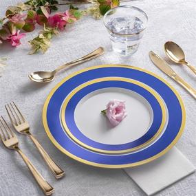 img 2 attached to 🍽️ Premium 125 Piece Plastic Dinner Set - Blue And Gold Plates, Salad Plates, and Cutlery - Perfect for Parties, Holidays, Catering and More - Serves 25 Guests