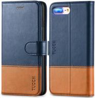 tucch premium leather iphone wallet case with card slot and magnetic closure - compatible with iphone 7/8 plus - dark blue & brown logo