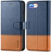 tucch premium leather iphone wallet case with card slot and magnetic closure - compatible with iphone 7/8 plus - dark blue & brown logo