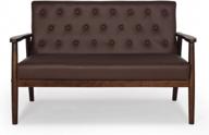 современное кресло loveseat из искусственной кожи середины века: 2-местное кресло jiasting для гостиной с деревянными подлокотниками. логотип