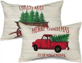 img 4 attached to Songtec Christmas Pillow Covers 12X20 Inches, Red Vintage Truck Home Decorations Clearance Farmhouse Throw Pillowcase Cushion For Outdoor Patio – Set Of 2