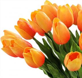 img 3 attached to Реалистичные 30 тюльпанов из полиуретана для весеннего декора и свадеб - искусственные цветы ярко-оранжевого цвета для дома, офиса и вечеринок - высота 14 дюймов