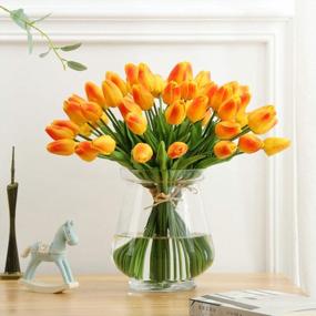 img 4 attached to Реалистичные 30 тюльпанов из полиуретана для весеннего декора и свадеб - искусственные цветы ярко-оранжевого цвета для дома, офиса и вечеринок - высота 14 дюймов