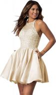 beaded satin halter homecoming dress with pockets and lace appliques - perfect for evening parties and proms logo