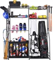 golf and sports equipment storage organizer - garage rack with 2 bag stands and multiple shelves for efficient storage - mythinglogic logo