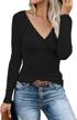women's long sleeve deep v-neck henley shirt button up ribbed knit top slim solid tee logo