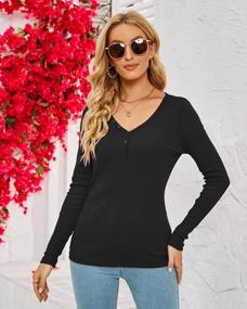 img 2 attached to Women'S Long Sleeve Deep V-Neck Henley Shirt Button Up Ribbed Knit Top Slim Solid Tee
