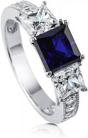 img 4 attached to Stunning Sterling Silver 3-Stone Engagement Ring With Simulated Blue Sapphire And CZ - Perfect For Weddings, Anniversaries, And Promises!