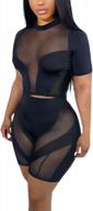 women's black mesh long sleeve blouse & bodycon pants set - dingang two piece outfit logo