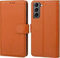 samsung galaxy s21 wallet case: genuine leather rfid blocking, magnetic clasp folio cover w/wireless charging & wrist strap - onetop logo