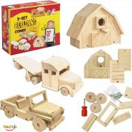 kraftic woodworking building kit for kids and adults, set of 3 educational diy carpentry construction wood model kit toy projects for boys and girls - off-road vehicle , flatbed and barn логотип