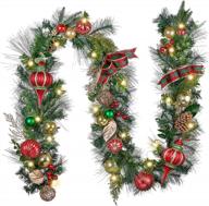 valery madelyn pre-lit 9 feet traditional red green gold christmas garland with 40 led warm lights and ball ornaments berries for front door window fireplace mantle xmas decor, battery operated logo