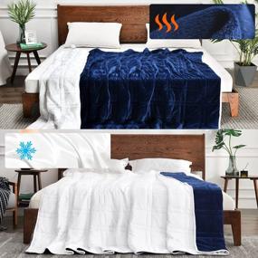 img 4 attached to Sleep Soundly Year-Round With OMYSTYLE Reversible Weighted Blanket: Navy Blue/White, King Size, 20Lbs, Warm Short Plush And Cooling Tencel Fabric, Carry Bag Included