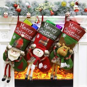 img 4 attached to Set Of 3 18" Plush Christmas Stockings: Santa, Snowman, And Reindeer Characters With Long Legs - Festive Home Decorations And Party Accessories For Kids