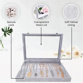 img 2 attached to Hivory Necklace Organizer Tray - Necklace Storage Box With Glass Lid - Stackable Necklace Jewelry Holder Velvet Tray With 20 Hooks (Grey)