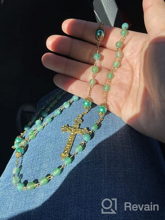 img 1 attached to The Nazareth Store Catholic Green Matte Stone Beads Rosary Necklace: 10mm Pearl Round Beads, Miraculous Medal & Cross - Complete with Velvet Bag review by John Baker