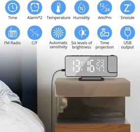 img 3 attached to CAMWAY Digital Alarm Clock Radio With Dual Alarms, 7-Inch LED Mirror Display, 2-5M Projection, USB Charging, Snooze, Temperature And Humidity Display - Perfect For Bedroom, Home, Office, Desk Or Wall