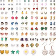65 pairs stainless steel animal earrings for women - fox, panda, flower & fruits logo