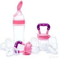 🍓 gedebey baby fruit feeder/baby food feeder pacifier - (3 pack) with silicone spoon & squeeze bottle - bpa free teething toy teether for infants - pink logo