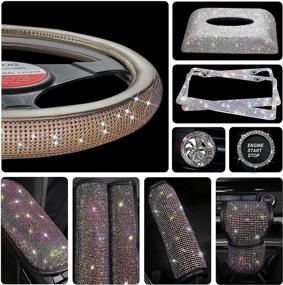 img 4 attached to ASLONG 11PCS Bling Car Accessories Set: License Plate Frame, Steering Wheel Cover, Tissue Box & More - Purple Diamond for Women