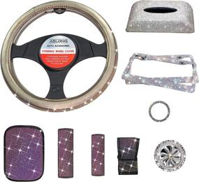 img 3 attached to ASLONG 11PCS Bling Car Accessories Set: License Plate Frame, Steering Wheel Cover, Tissue Box & More - Purple Diamond for Women