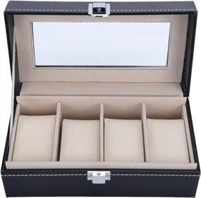 img 3 attached to Mens Watch Case Small 4 Watch Box Black Leather Display Glass Top Jewelry Case Organizer