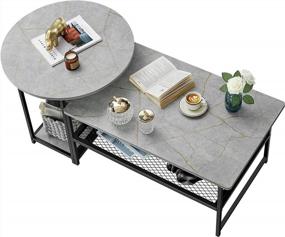 img 4 attached to 2-In-1 Gray Marble Nesting Coffee Table Set - Detachable Rectangular & Round Tables For Living Room, Industrial Modern WOHOMO Cute Coffee Table With Mesh.
