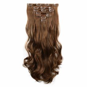 img 3 attached to FESHFEN 7 PCS Set Long Curly Wavy Synthetic Clip In Hair Extensions - Brown Mixed Light Auburn Full Head Hairpieces For Women And Girls, 20 Inch