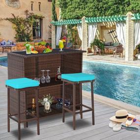 img 4 attached to Enhance Your Outdoor Experience With Do4U 3-Piece Wicker Bar Table Set Including Glass Top Table, 2 Storage Shelves & Cushioned Chairs In Tropical Blue