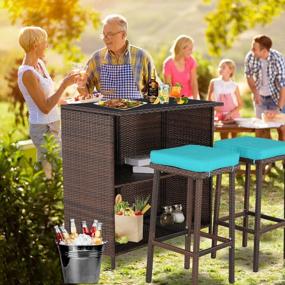 img 3 attached to Enhance Your Outdoor Experience With Do4U 3-Piece Wicker Bar Table Set Including Glass Top Table, 2 Storage Shelves & Cushioned Chairs In Tropical Blue