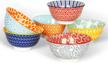 colorful ceramic bowls set - 6 assorted design, 30 oz serving bowls for kitchen - microwave and dishwasher safe - ideal for cereal, ice cream, soup, salad, rice, dessert - 7 inch size logo