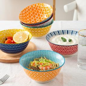 img 1 attached to Colorful Ceramic Bowls Set - 6 Assorted Design, 30 Oz Serving Bowls For Kitchen - Microwave And Dishwasher Safe - Ideal For Cereal, Ice Cream, Soup, Salad, Rice, Dessert - 7 Inch Size