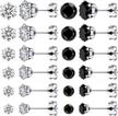 12 pairs women's surgical steel cubic zirconia stud earrings set - black & white 3mm-8mm logo