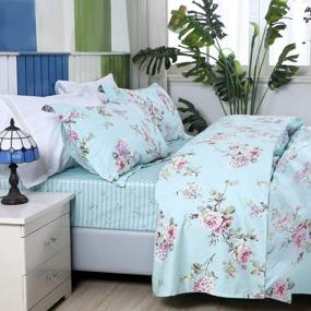 img 4 attached to King Size FADFAY 100% Cotton Hydrangea Floral Bedding Set 7-Piece Bed In A Bag Sheets Zipper Duvet Cover Pillowcase Shabby French Country Deep Pocket Set.