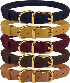 img 4 attached to BRONZEDOG Rolled Leather Dog Collar Durable Round Small Medium Large Dogs Puppy Cat Burgundy Mustard Blue Brown 15-17 Inch Light Brown