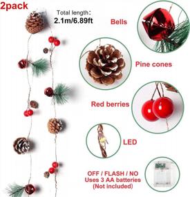 img 1 attached to 2PCS 7FT 20LED Christmas String Lights Battery Operated Xmas Garland Decoration With Pine Cone Red Berry Bells For Indoor Outdoor Tree New Year Holiday Party Decorations