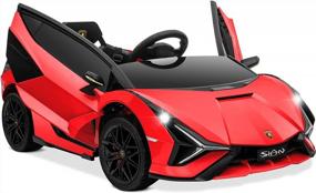 img 4 attached to Kidzone Kids Electric Ride на 12-вольтовой лицензированной спортивной машине Lamborghini Sian Roadster с питанием от батареи с 2 скоростями, родительским контролем, звуковой системой, светодиодными фарами и гидравлическими дверями - красный