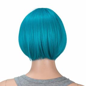 img 2 attached to Teal Blue 10 Inch Short Bob Wig With Bangs - Colorful Synthetic Cosplay & Party Flapper Wig For Women And Kids, Complete With Wig Cap - SWACC Wig