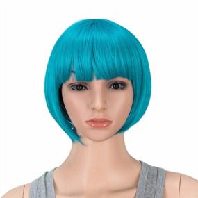 img 4 attached to Teal Blue 10 Inch Short Bob Wig With Bangs - Colorful Synthetic Cosplay & Party Flapper Wig For Women And Kids, Complete With Wig Cap - SWACC Wig