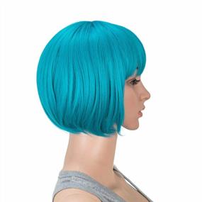 img 3 attached to Teal Blue 10 Inch Short Bob Wig With Bangs - Colorful Synthetic Cosplay & Party Flapper Wig For Women And Kids, Complete With Wig Cap - SWACC Wig