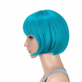 img 1 attached to Teal Blue 10 Inch Short Bob Wig With Bangs - Colorful Synthetic Cosplay & Party Flapper Wig For Women And Kids, Complete With Wig Cap - SWACC Wig