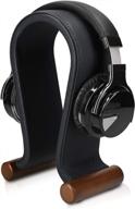navaris omega headphone stand - synthetic leather headset hanger with wood base - holder for wired, wireless, gaming, dj, studio headphones - black logo